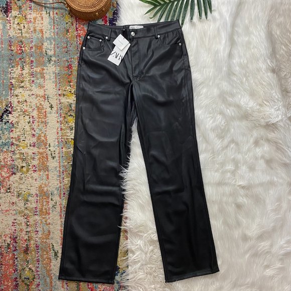 Zara Pants - NEW Zara Black Straight Leg Full Length Faux The 90s Leather Pants Size 12